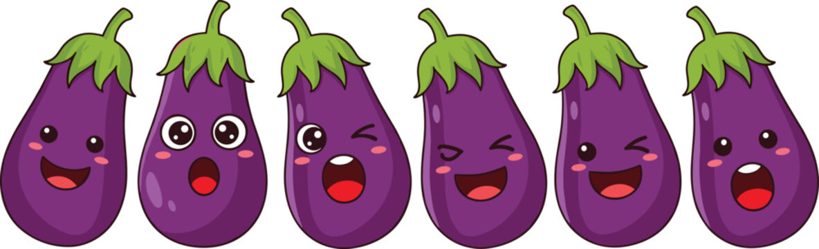 Cute eggplant cartoon characters set. Kawaii vegetable mascots with funny emotions and smiling faces. Purple aubergine icons for food design, kids stickers, and playful illustrations.