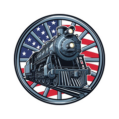 Vintage steam locomotive emblem with american flag background design © MAJEDA STOCK