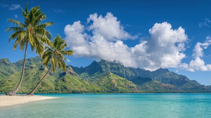 A tropical island shore with palm trees, turquoise water, copy space above,