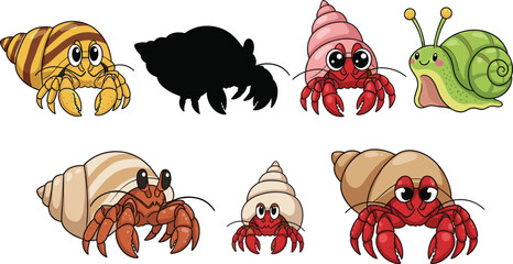 Cute hermit crab cartoon collection. Funny sea crab characters with shells and snail mascot. Marine ocean animal set for kids illustration. © ALINA