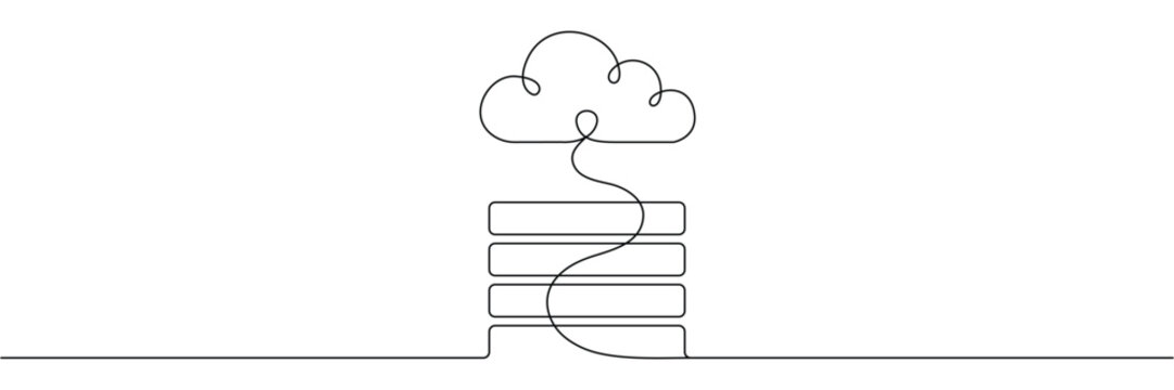 Continuous one line drawing of cloud computing technology with server racks and data storage network connection. Editable stroke outline. Single contour art. Doodle hand drawn vector illustration