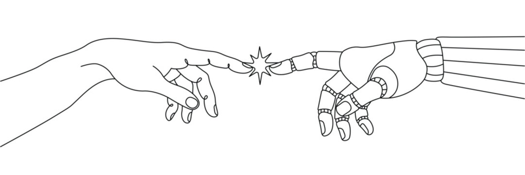 Continuous one line drawing of human hand and robotic hand touching fingertips with a spark. Editable stroke outline. Draw thin linear width. Single contour art. Doodle hand drawn vector illustration