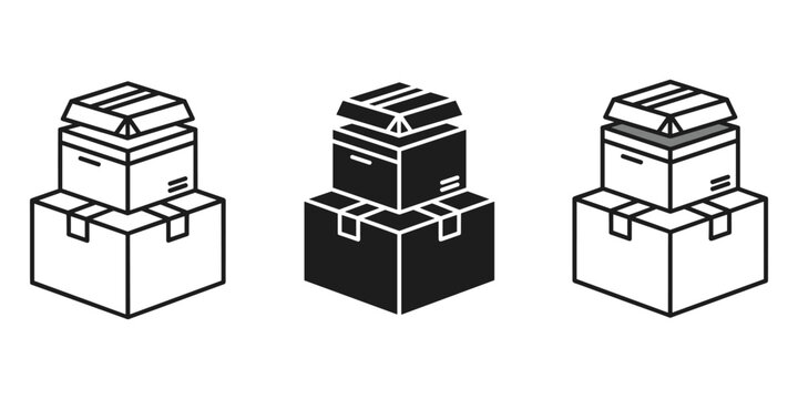 A set of three different colored line icons of stacked boxes