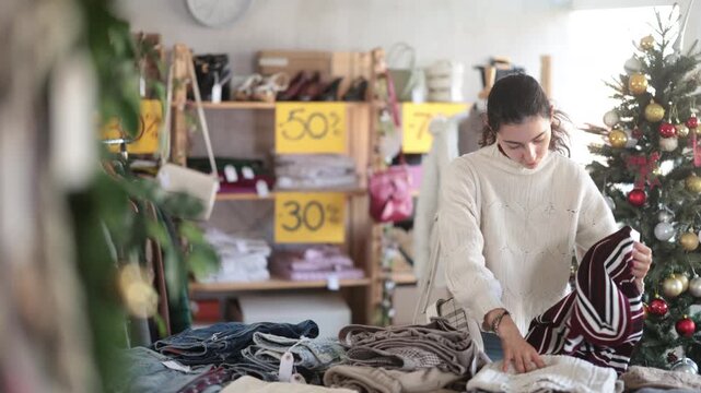 Armenian girl near showcase pick out and buying pullover. Off line clothing store from retailer. Style and fashion look, modern trends. Discount X mass holiday season, promotional offers. 