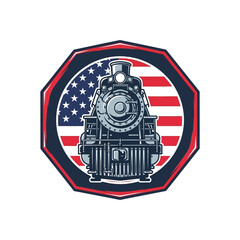Vintage locomotive emblem with american flag background in octagonal frame © MAJEDA STOCK