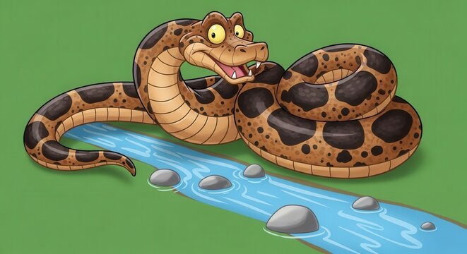 Cartoon Python Snake Playing Near a Small Water Stream in a Green Environment