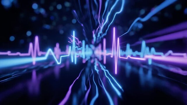 A futuristic neon-lit graphic with blue and purple sound waves on a dark reflective surface