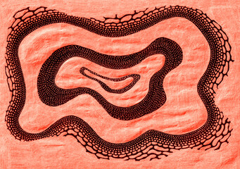 Abstract texture background. Dots, spots of different sizes, shapes. Peach color on black background. Between them wavy stripes of peach color, closing into circle. Texture of wavy crumpled paper