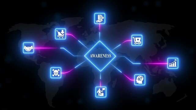 Awareness Concept with Neon and Map Background for Business and Education neon map global