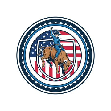 Cowboy roping a bull under an american flag with patriotic design elements