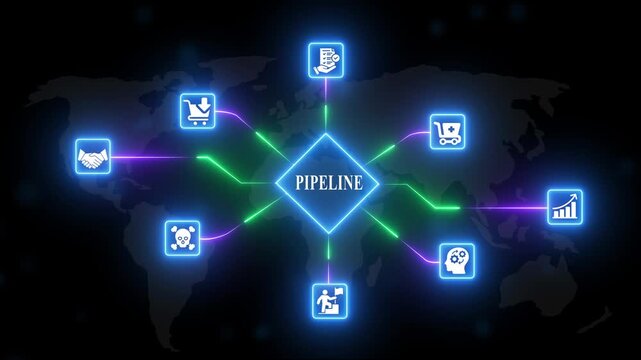 Business pipeline process flowchart with global connections and representing various stages of sales, marketing, and operations on a map background