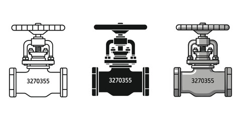 Three different views of a valve with numbers on it