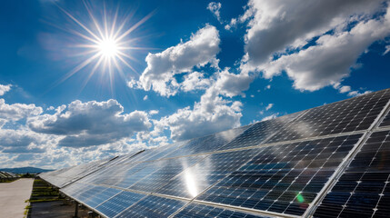 Blue photovoltaic panels reflect sunlight under bright sky with clouds, renewable energy concept