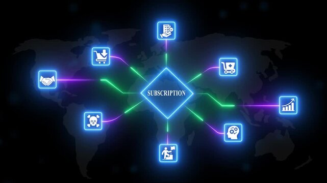 Subscription based business model concept with glowing and map background representing global online services and digital marketing strategy