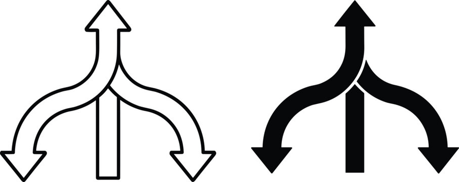 Three way branching arrow icons set showing merging and splitting paths in black silhouette and thin line art outline styles.
