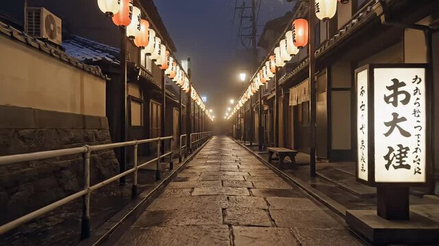 Traditional japanese street illuminated by glowing paper lanterns at night, capturing the cultural atmosphere of an old town alley in japan.