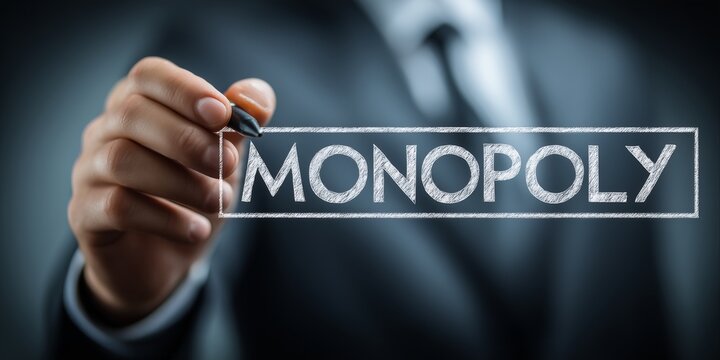 Monopoly Concept with a Businessman Hand Writing the Word on a Virtual Board Representing Market Dominance Exclusive Control and Competition Strategy