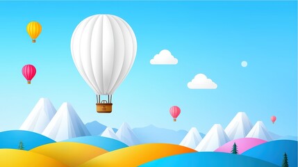 A summer sale banner with a hot air balloon floating above rolling hills, adventure and freedom theme, copy space included,