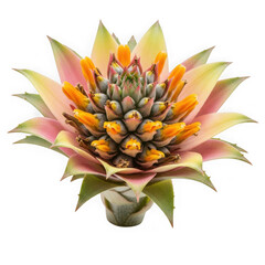 Fototapeta premium A vibrant and detailed close-up view of a blooming bromeliad plant with colorful leaves isolated on white background