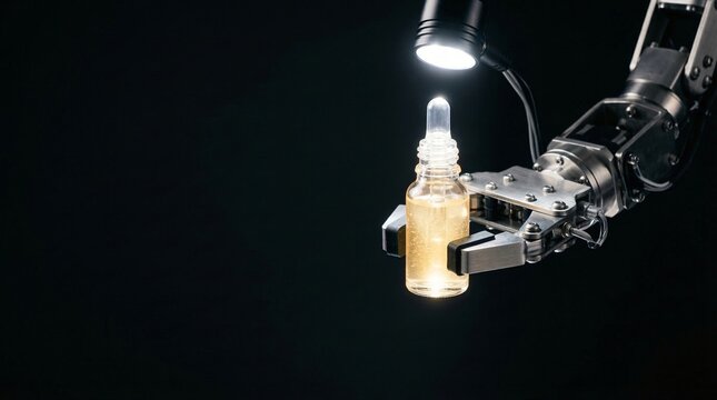 Robotic arm holding a dropper bottle filled with golden liquid under bright light against a dark backdrop