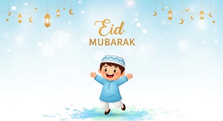Fototapeta premium Eid mubarak joyful child jumping on white bokeh background