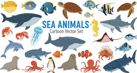 Sea animals cartoon vector collection. Marine wildlife including shark, whale, turtle, dolphin, octopus and fish. Cute ocean animal set for kids design. © ALINA