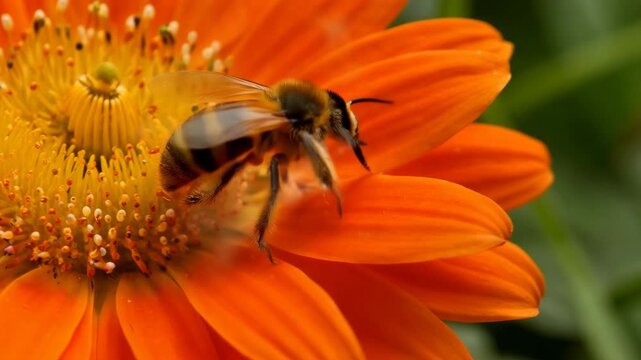 Bee pollinating flower with magical glow in slow motion