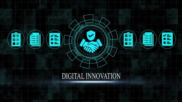 Digital innovation concept with handshake and checkmark on a futuristic background with clipboard and document symbols