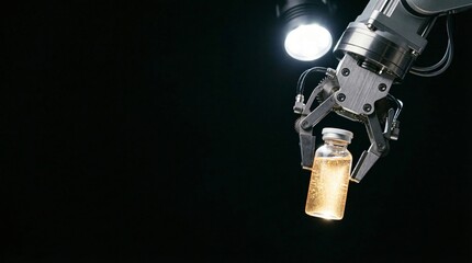 Fototapeta premium Robotic arm precisely holding a small glass vial filled with glowing yellow liquid under bright illumination
