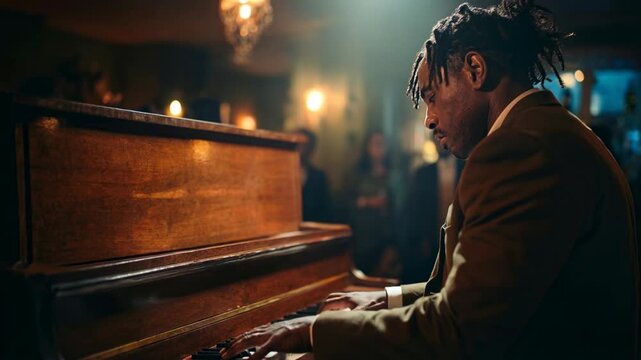 Pianist playing warm soulful melody on upright piano in cozy jazz club interior filled with golden lights and relaxed evening atmosphere with rich live concert atmosphere