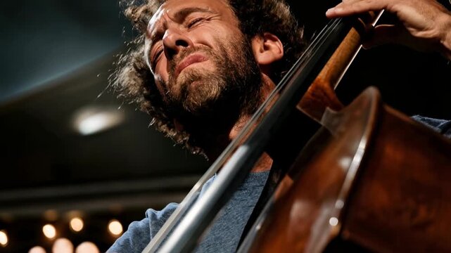 Passionate double bass musician performing energetic jazz solo on stage illuminated by dramatic concert lighting and smoky club atmosphere with rich live concert atmosphere