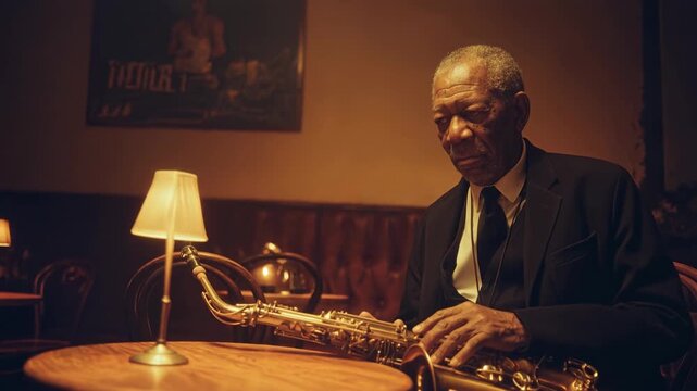 Saxophone player performing smooth jazz melody alone on dim club stage surrounded by warm amber lighting and cinematic atmosphere with rich live concert atmosphere