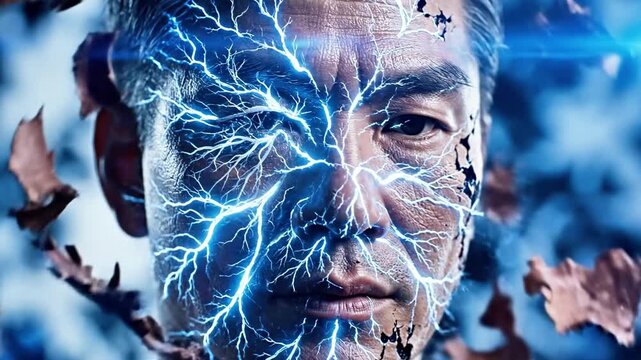 A man's face with blue lightning emanating from his skin, eyes closed