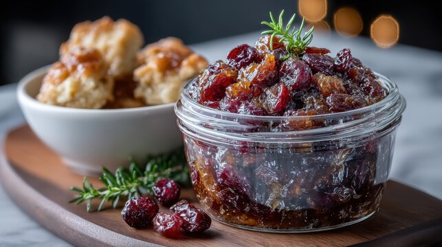 Homemade cranberry and fig jam with fresh rosemary and biscuits. National Mincemeat Day