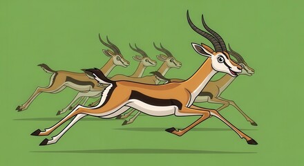 Fototapeta premium Dynamic Group of Running Antelopes in Motion Against Green Background