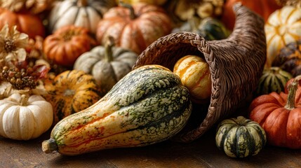 Autumn harvest cornucopia with colorful gourds and pumpkins. Labor Thanksgiving Day, Thanksgiving