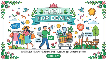 Obraz premium April Top Deals Banner with Shopping and Savings Theme