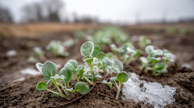 Frost-kissed seedlings emerging from soil in early spring farm field