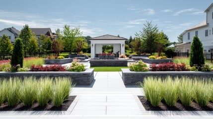 Contemporary backyard with covered seating and formal planting
