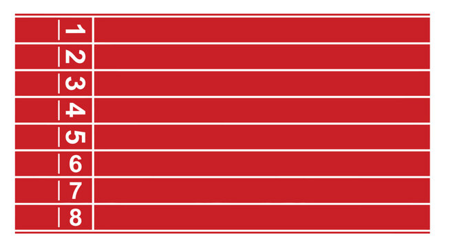 A top down view of eight numbered running lanes on a red track