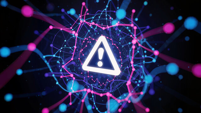 TEAMWORK Risk Management warning alert showing a triangle exclamation symbol amidst glowing purple and blue network nodes for detecting system error or cyber attack threats in real time.