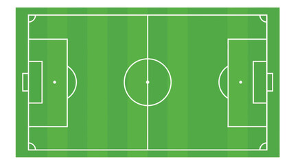 Aerial view of a green soccer field with white markings and goal areas © pranto Desgin