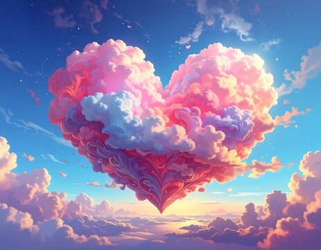 A heart-shaped formation crafted from pink and white clouds floating in a blue sky, conveying love and romance