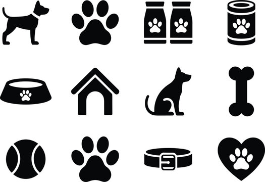 Black and white of dogs, dog food, dog house, dog collar, dog bone, and paw prints