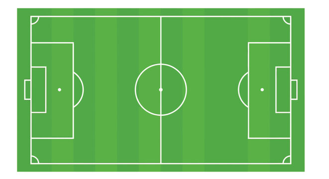 Aerial view of a green soccer field with white markings and goal areas