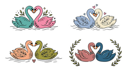 Four pairs of swans forming heart shapes with floral embellishments © pranto Desgin