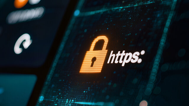 SEO extracted HTTPS security concept with a glowing golden padlock icon on a pixelated digital screen representing safe browsing encrypted data transfer and cybersecurity protection for websites