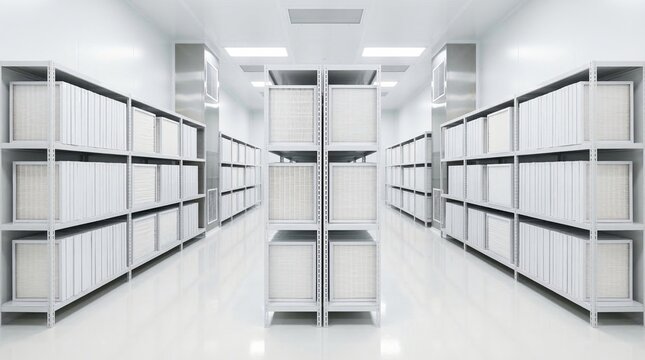Clean room hallway lined with shelves stocked with air filters and ventilation equipment