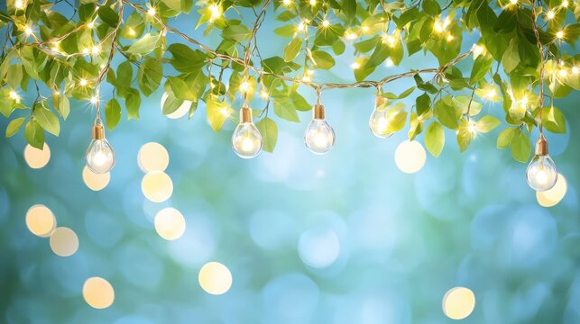 A summer sale banner with a string of fairy lights hanging from tree branches, magical evening ambiance, copy space included,