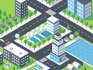 Fototapeta premium Isometric view of a modern city with buildings roads and green spaces